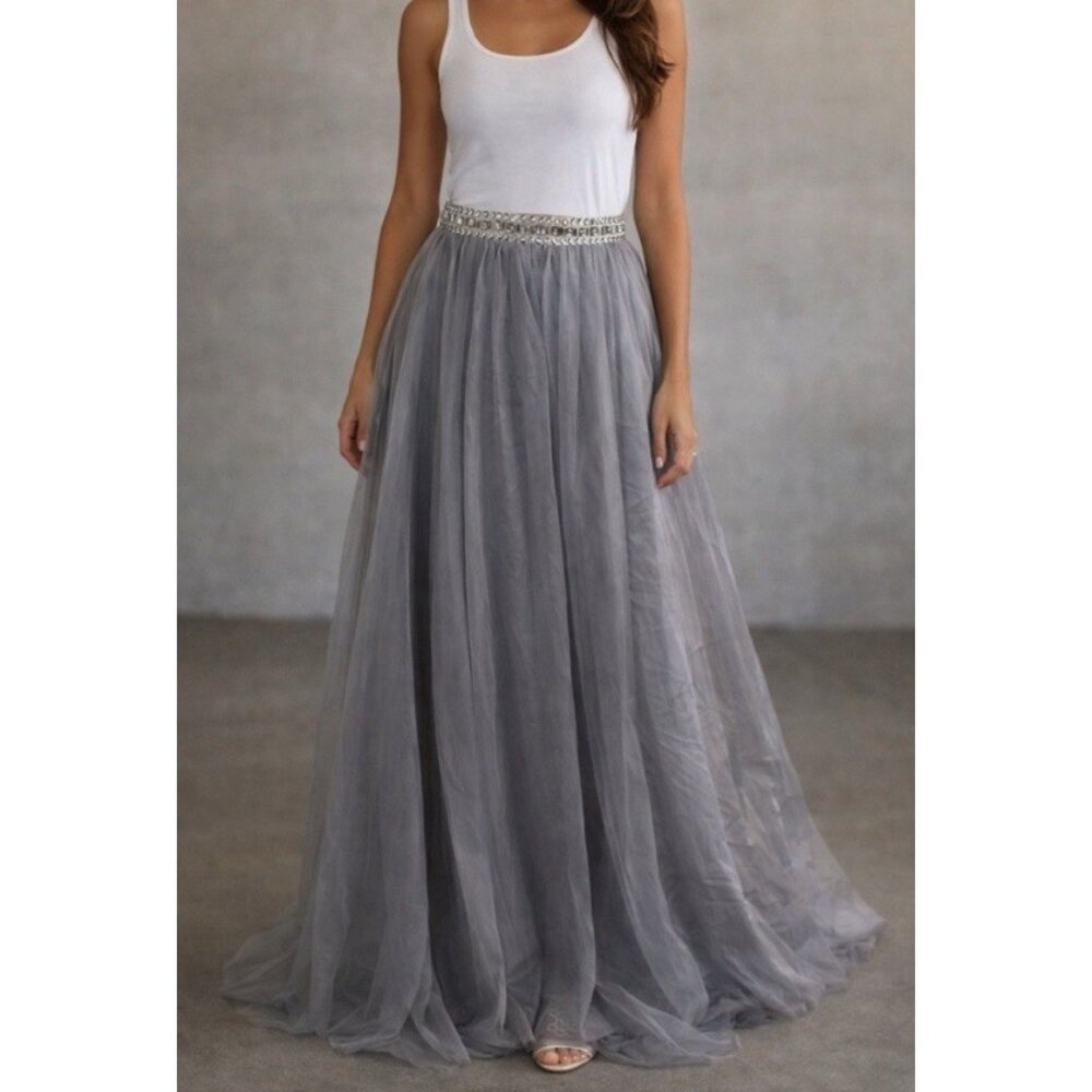 VTG Camille La Vie Gray Tulle Maxi Skirt Size 3 Beaded Waist Fairy Princesscore